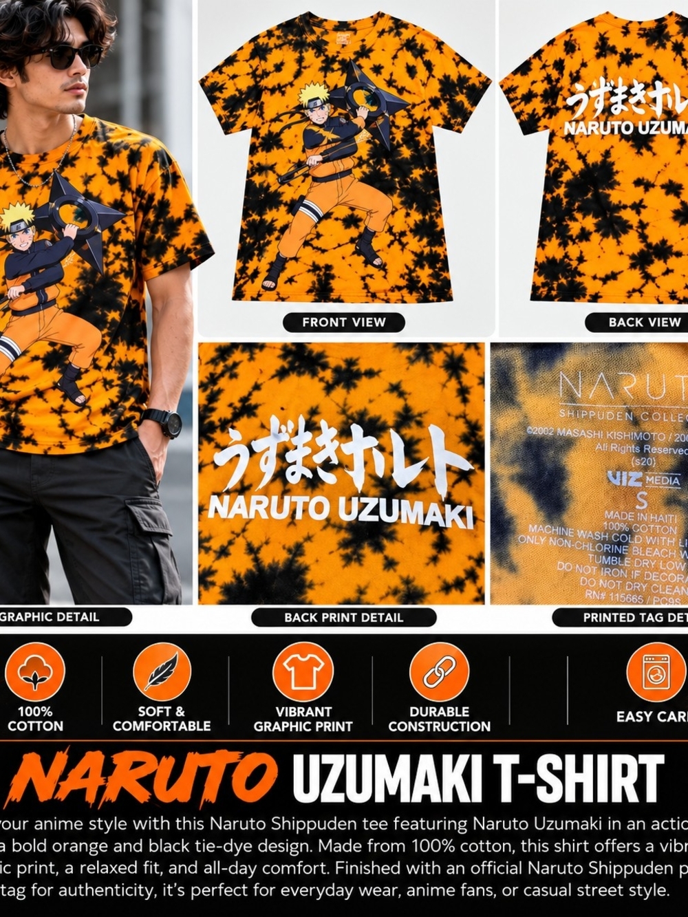 Naruto Uzumaki Short Sleeve Tie-Dye Graphic T-Shirt - Orange/Black